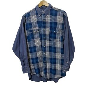 Vintage Wrangler Men’s 15.5 Blue Plaid Denim Chambray Button Up Shirt Western